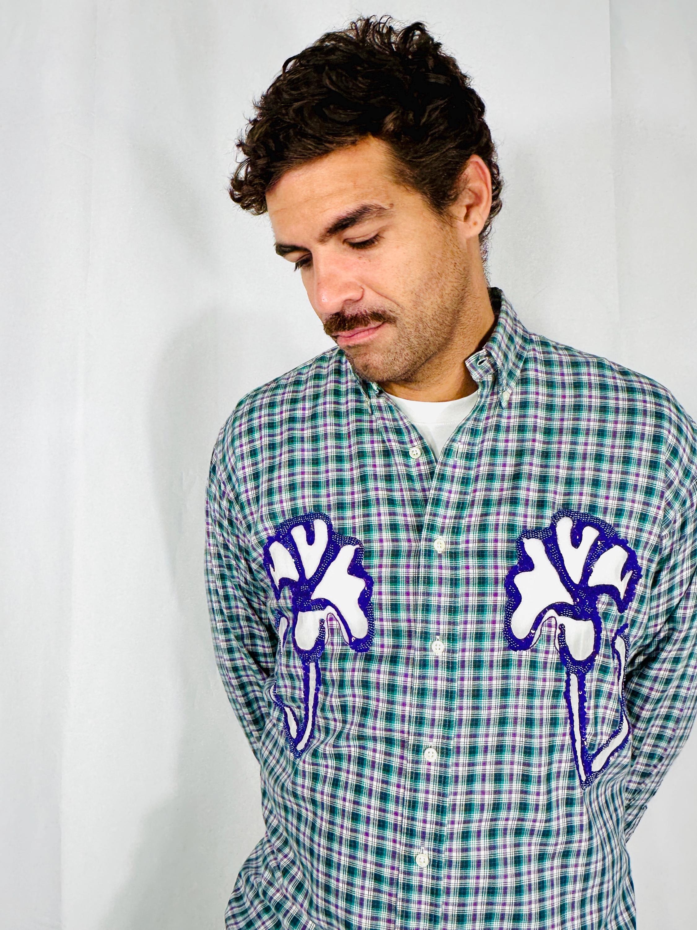 Custom vintage check shirt with silk georgette intarsia and sequins and beads embellishment