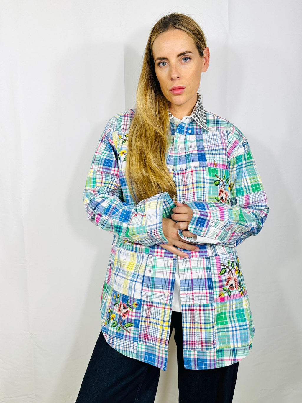 Custom patchwork vintage shirt with silver sequined collar and  cross stitch roses