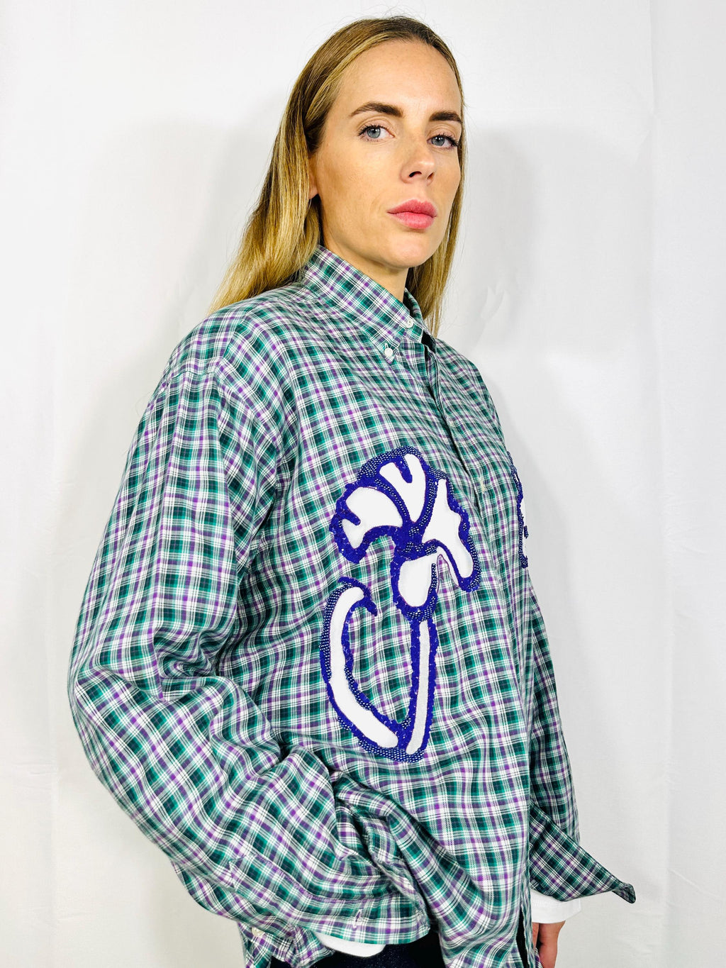 Custom vintage check shirt with silk georgette intarsia and sequins and beads embellishment