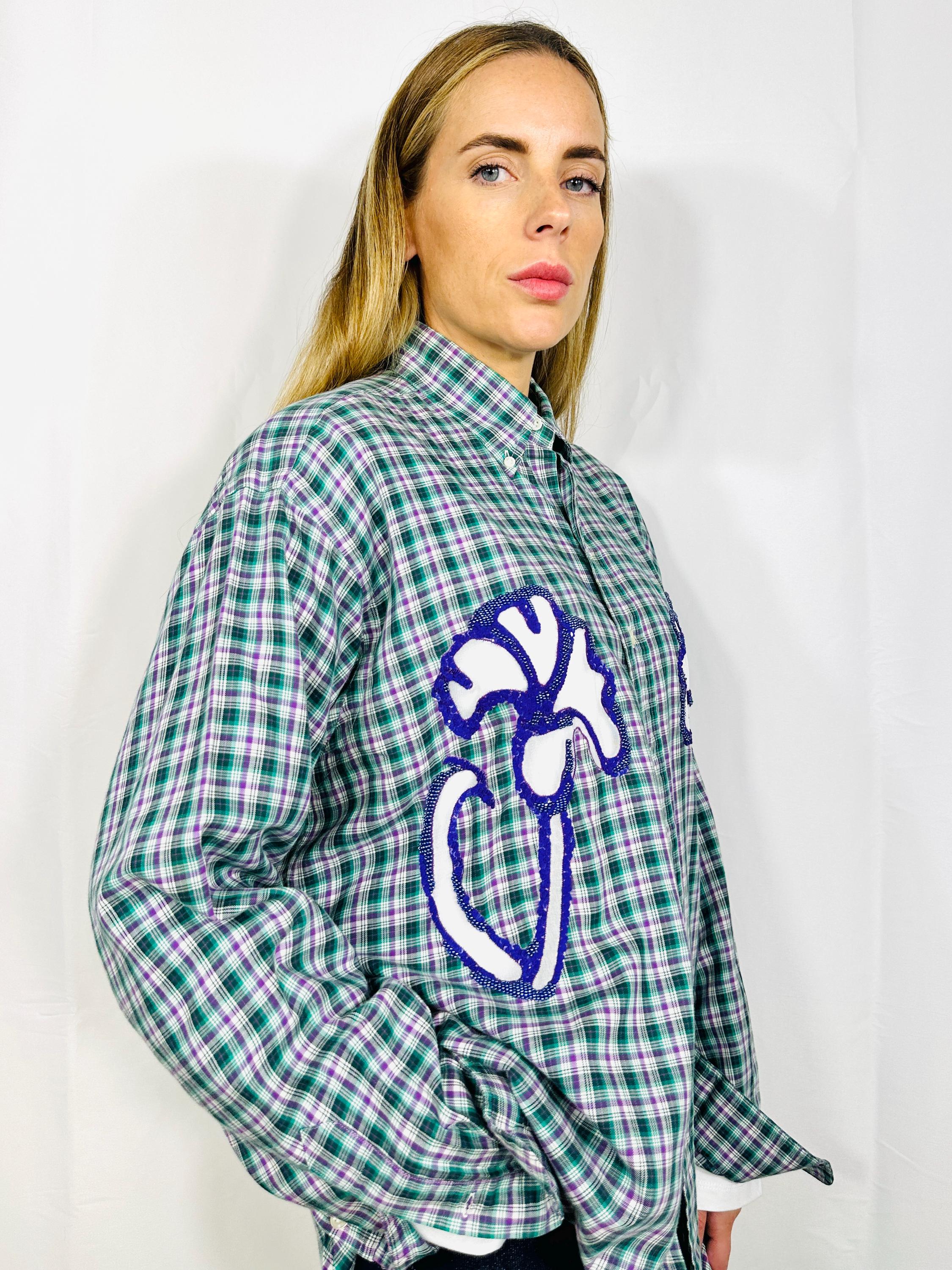 Custom vintage check shirt with silk georgette intarsia and sequins and beads embellishment