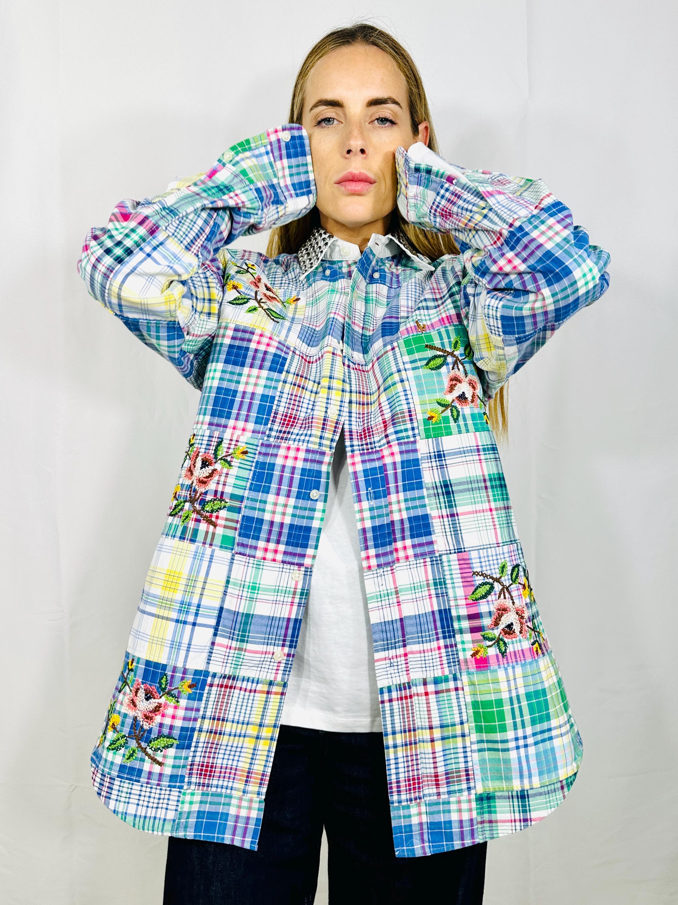 Custom patchwork vintage shirt with silver sequined collar and  cross stitch roses