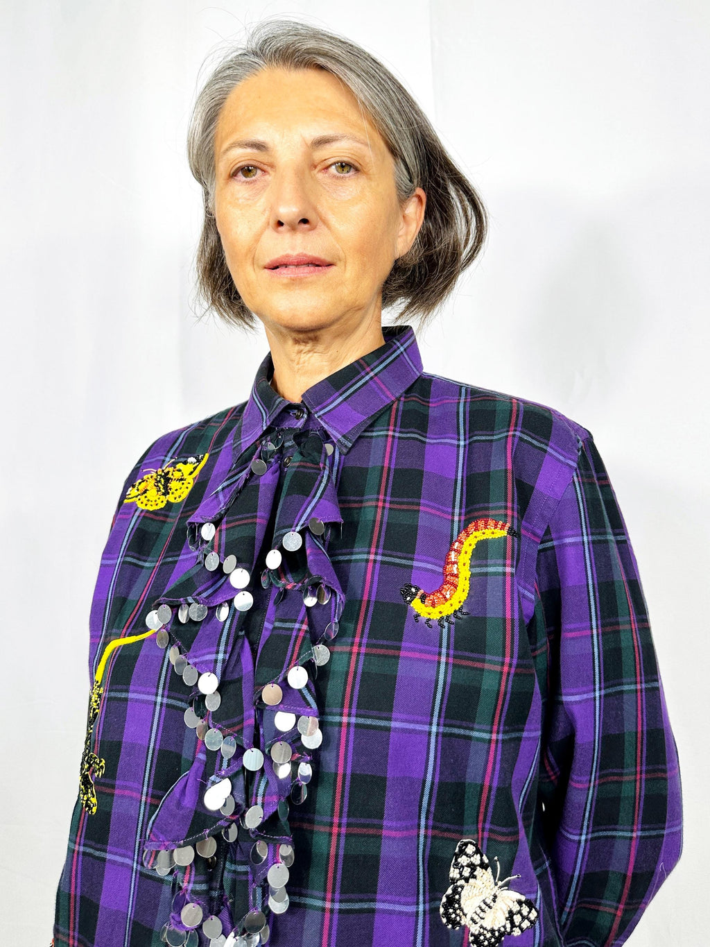 Custom vintage ruched shirt with butterflies, lizard and worms embroidery