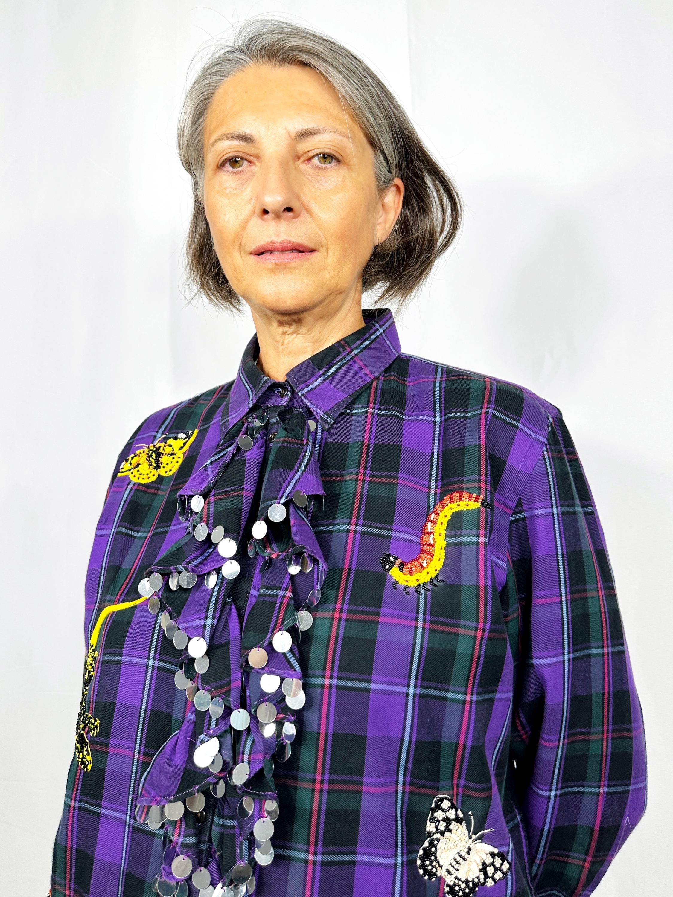 Custom vintage ruched shirt with butterflies, lizard and worms embroidery