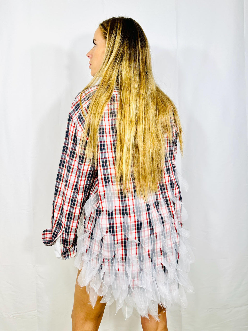 Custom Vintage Check Shirt with organza feathers