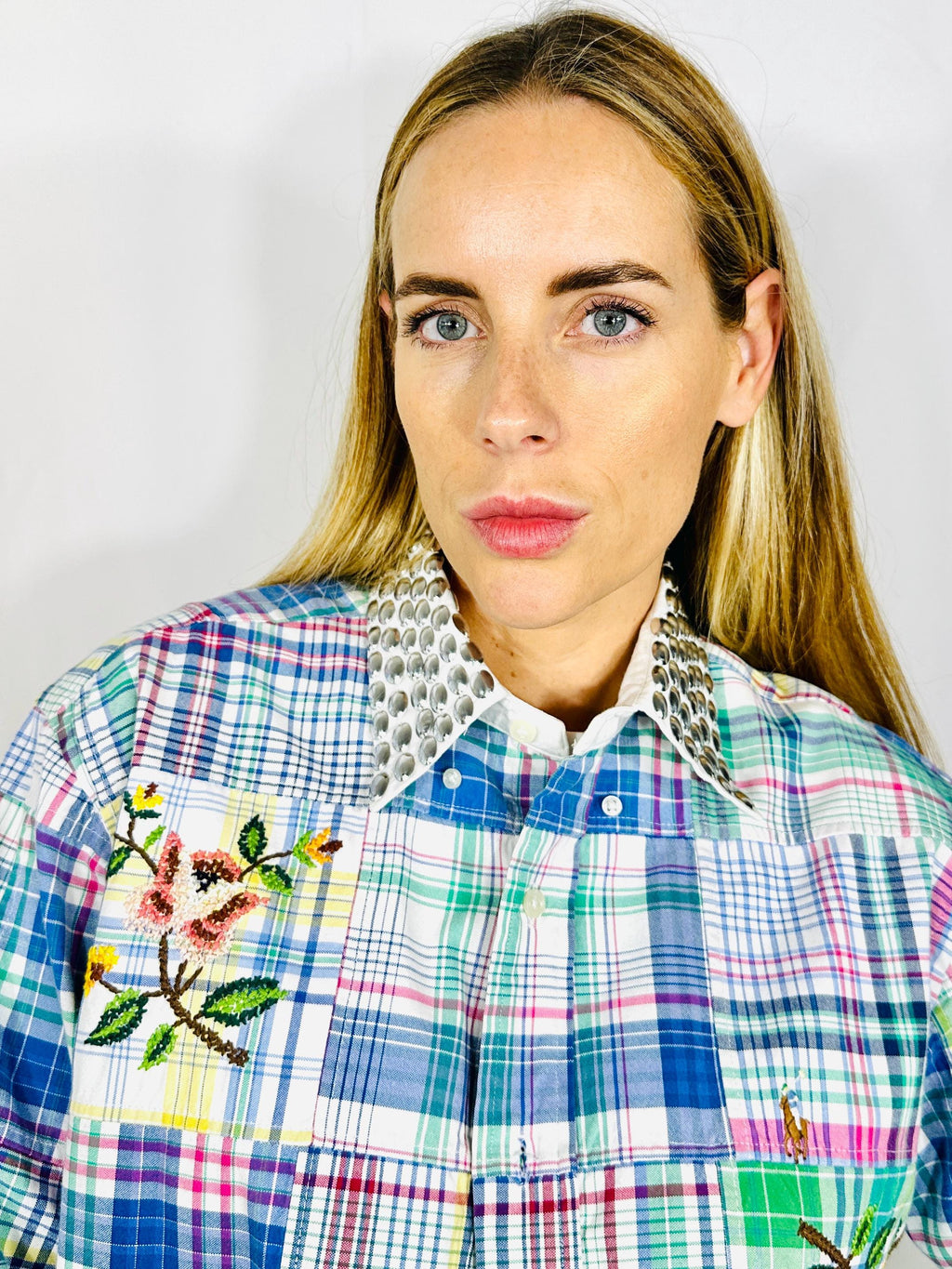 Custom patchwork vintage shirt with silver sequined collar and  cross stitch roses