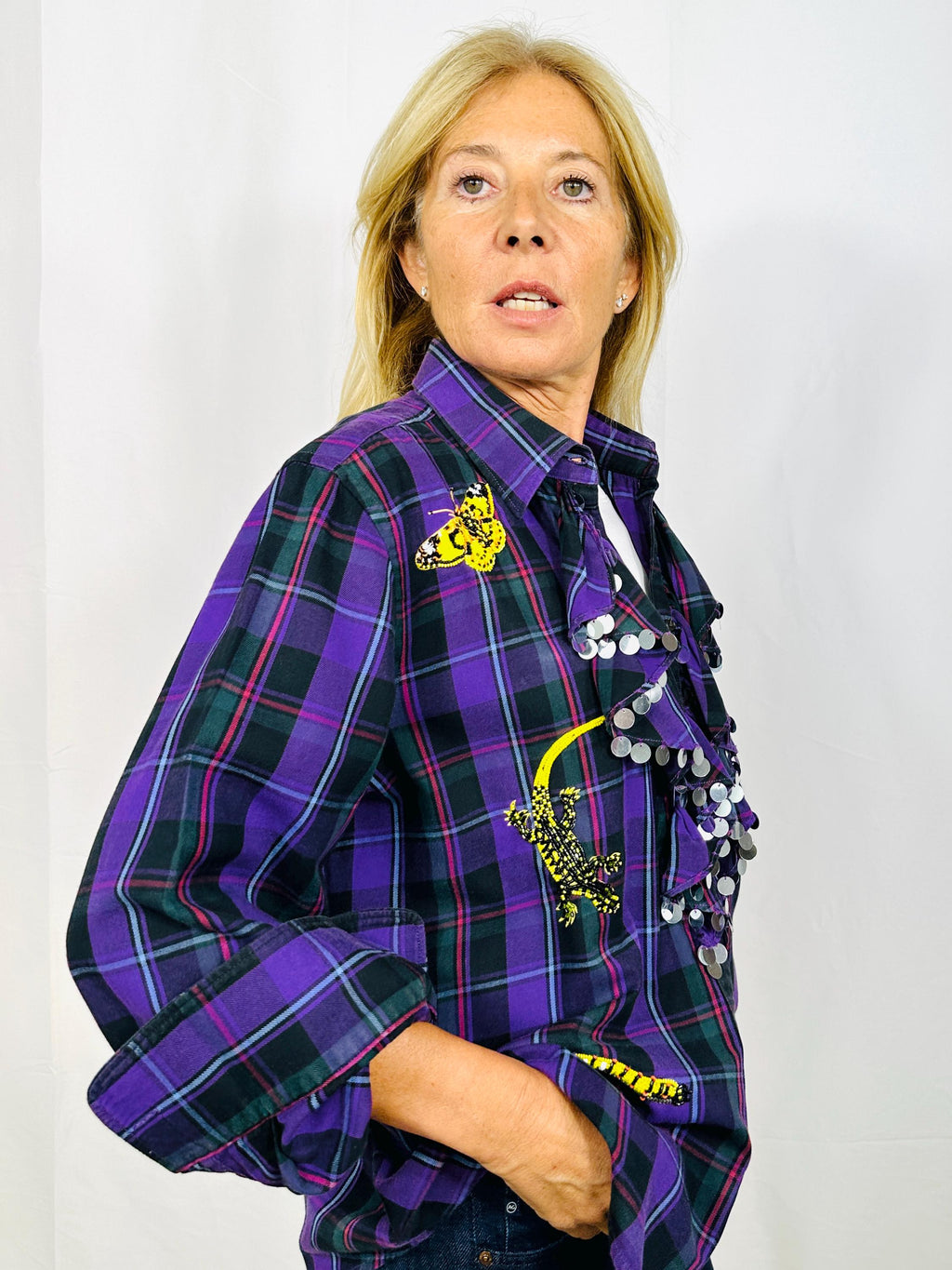 Custom vintage ruched shirt with butterflies, lizard and worms embroidery