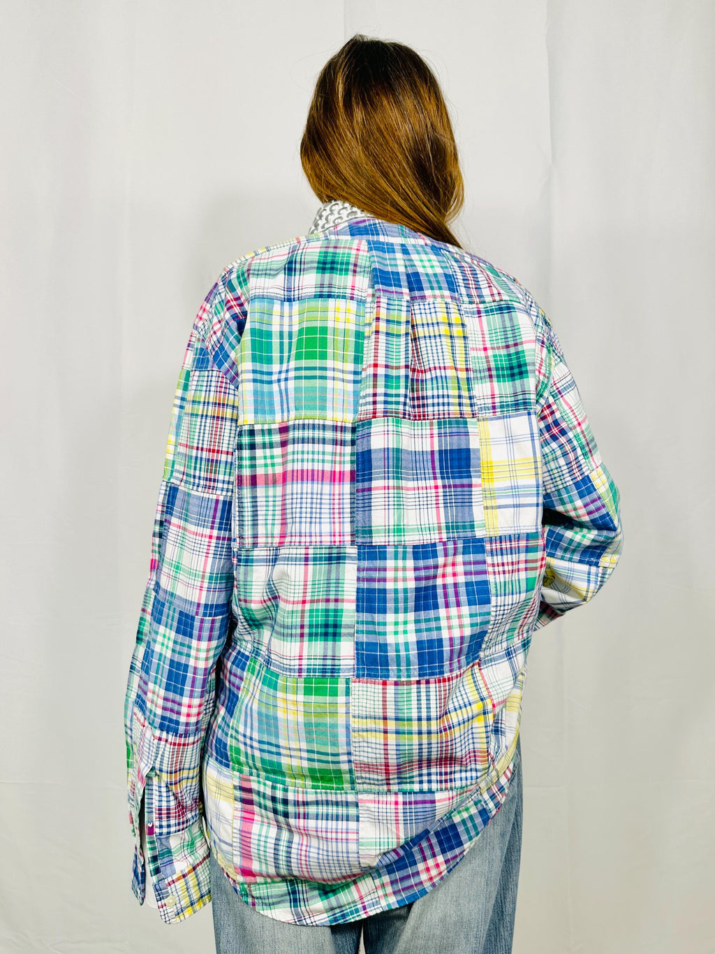 Custom patchwork vintage shirt with silver sequined collar and  cross stitch roses