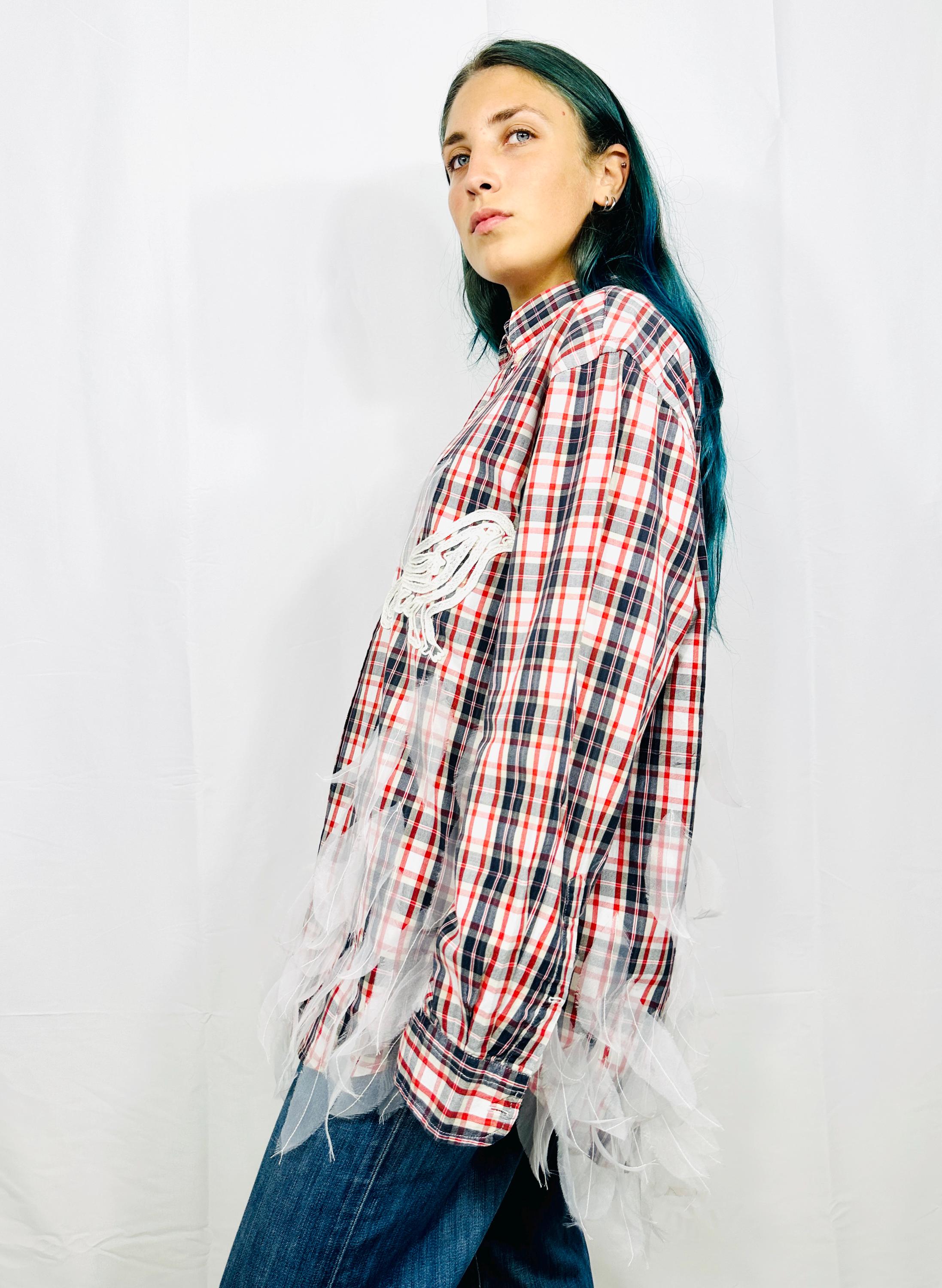 Custom Vintage Check Shirt with organza feathers