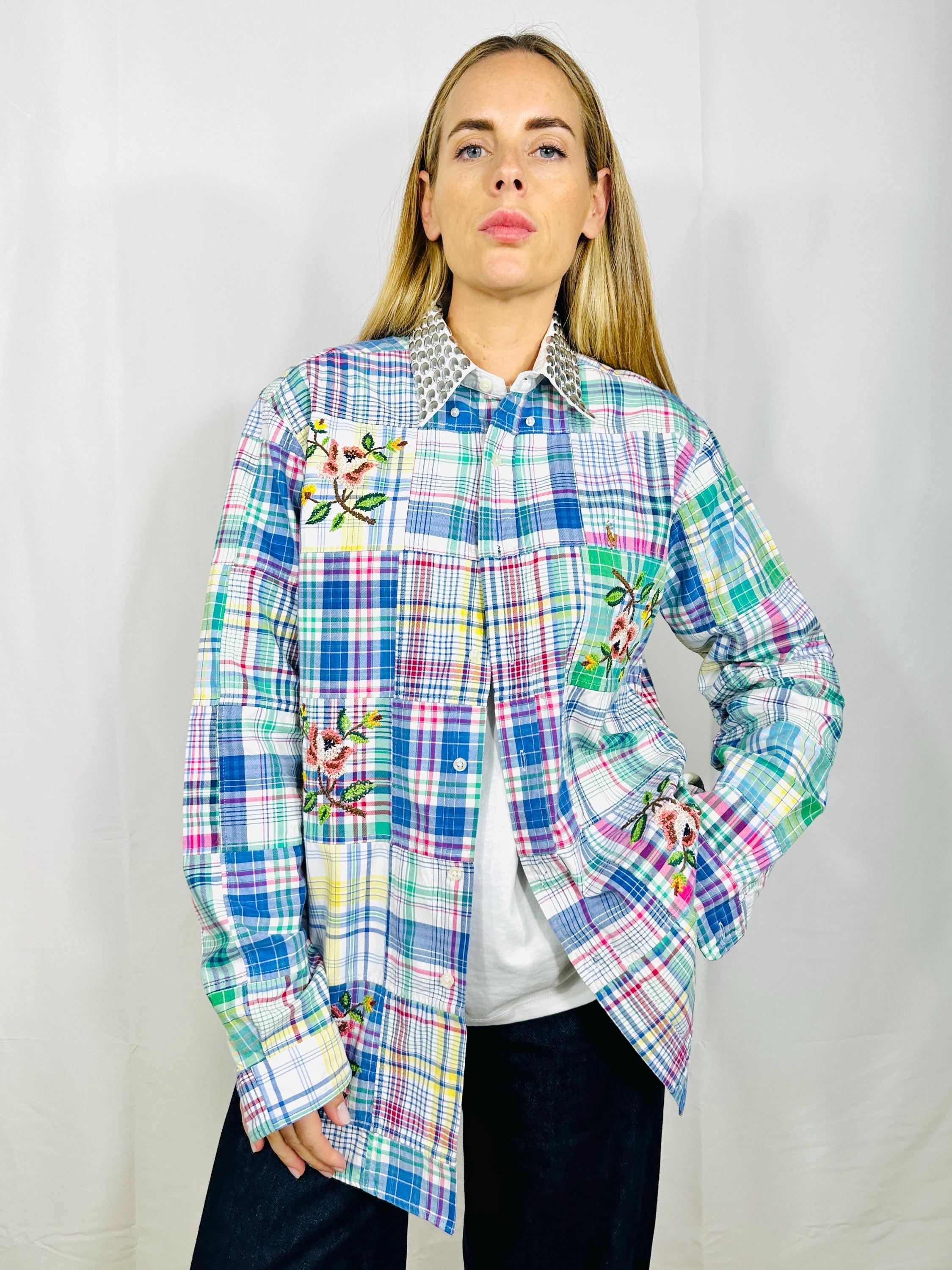 Custom patchwork vintage shirt with silver sequined collar and  cross stitch roses