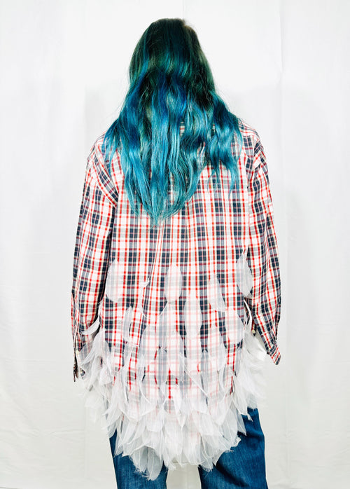 Custom Vintage Check Shirt with organza feathers