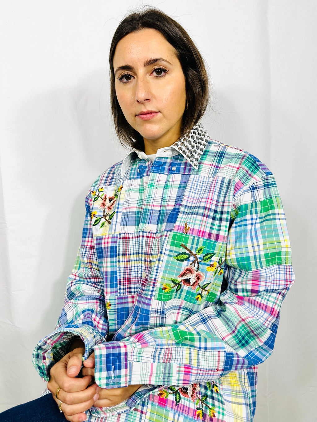 Custom patchwork vintage shirt with silver sequined collar and  cross stitch roses