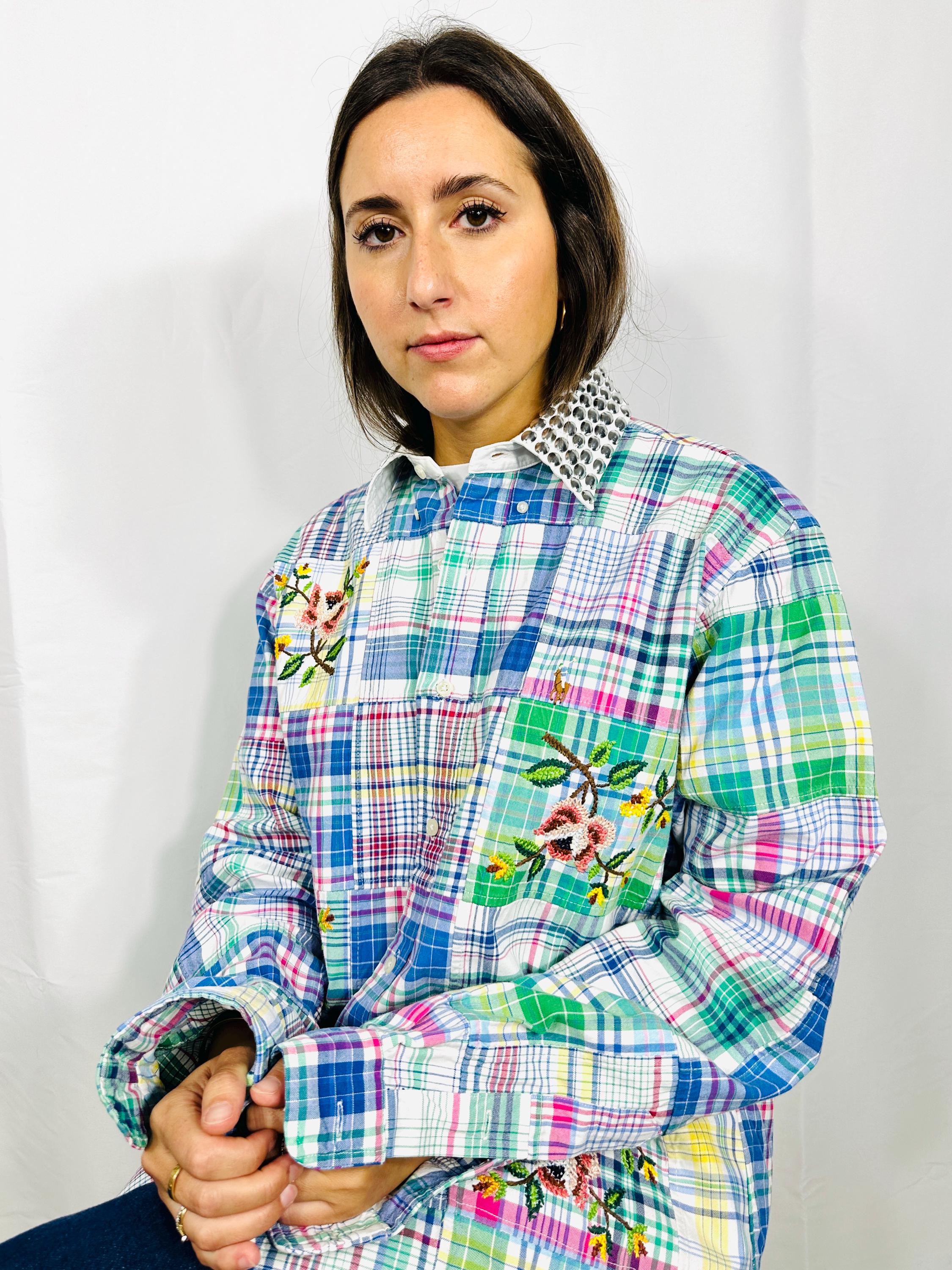 Custom patchwork vintage shirt with silver sequined collar and  cross stitch roses