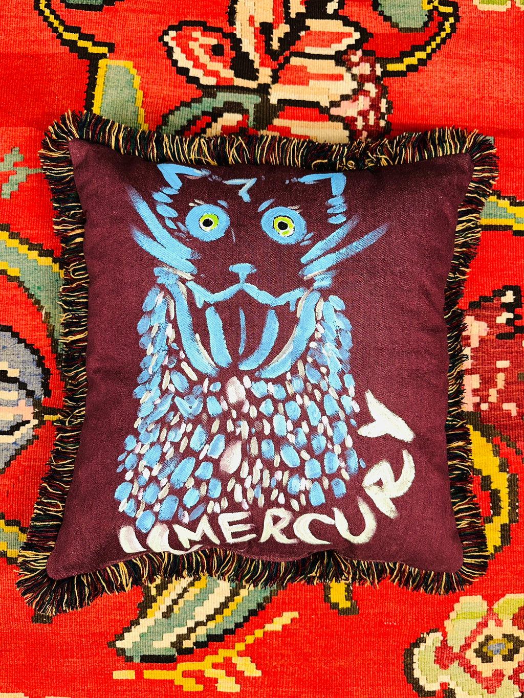 "MERCURY" hand-painted one of a kind cat pillow