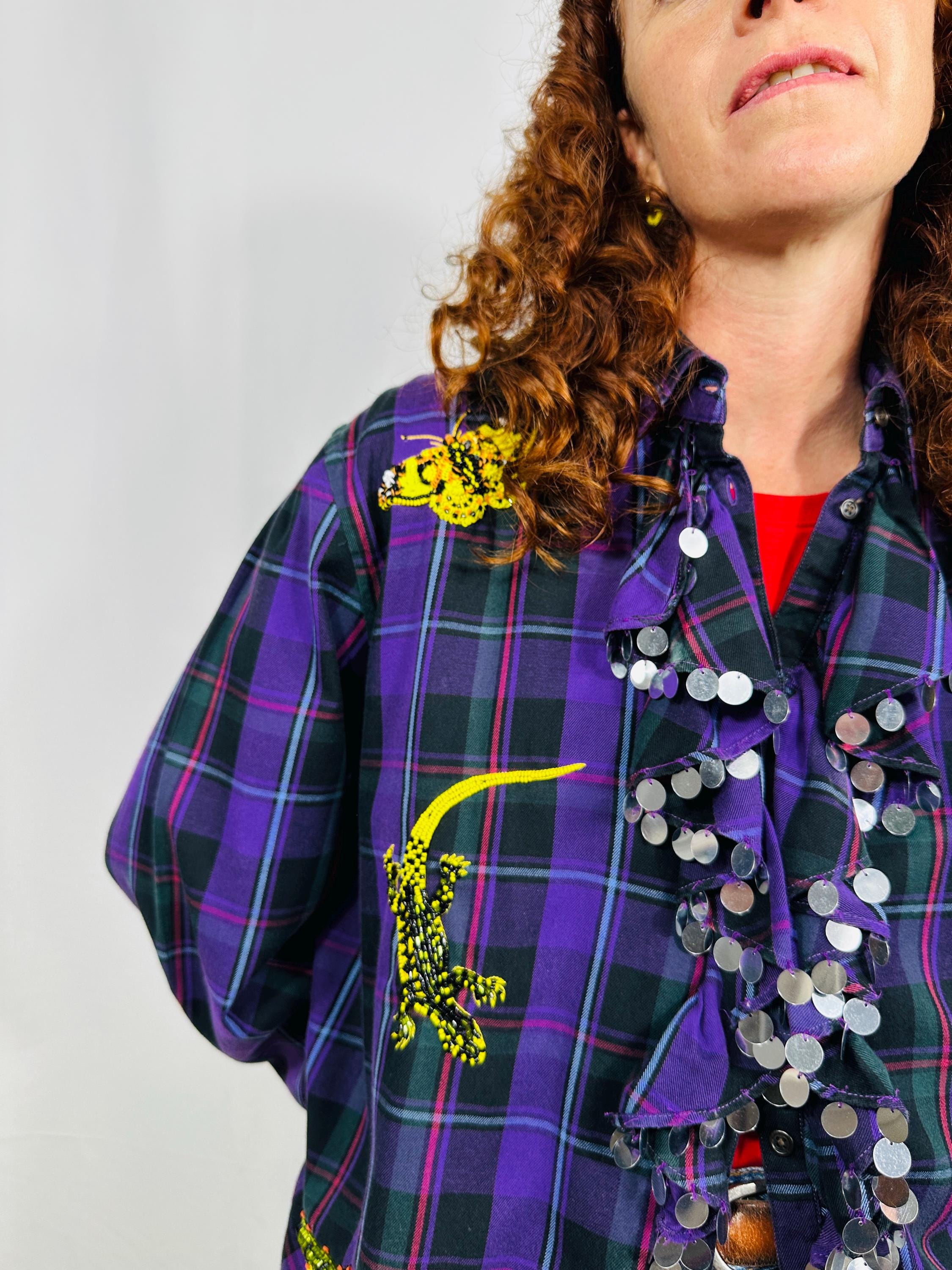Custom vintage ruched shirt with butterflies, lizard and worms embroidery