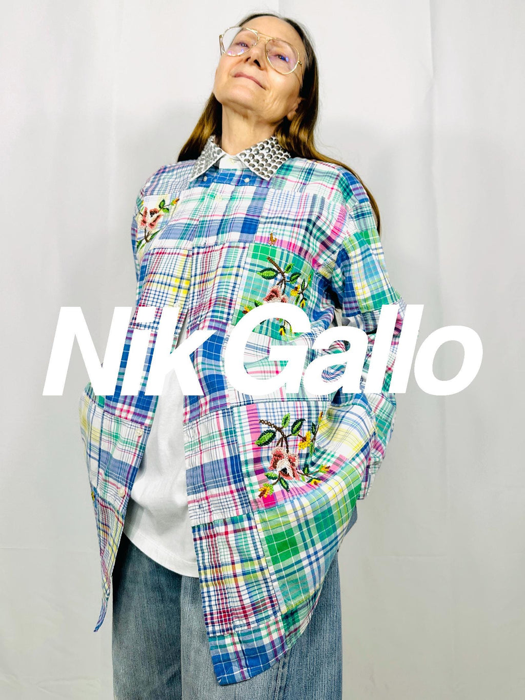 Custom patchwork vintage shirt with silver sequined collar and  cross stitch roses