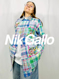 Custom patchwork vintage shirt with silver sequined collar and  cross stitch roses