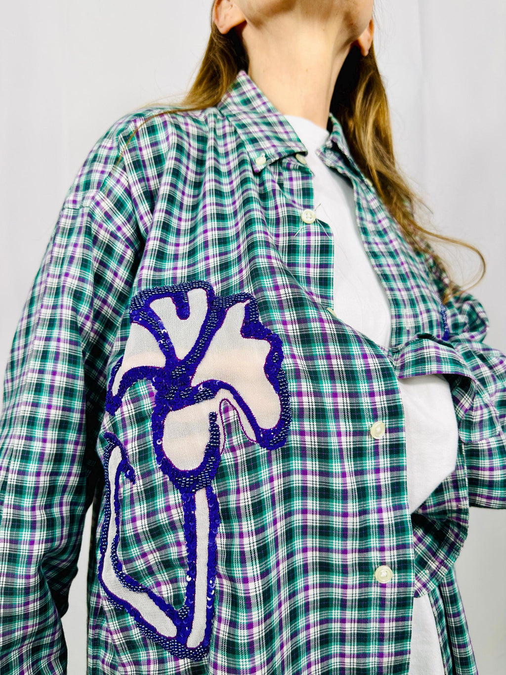 Custom vintage check shirt with silk georgette intarsia and sequins and beads embellishment