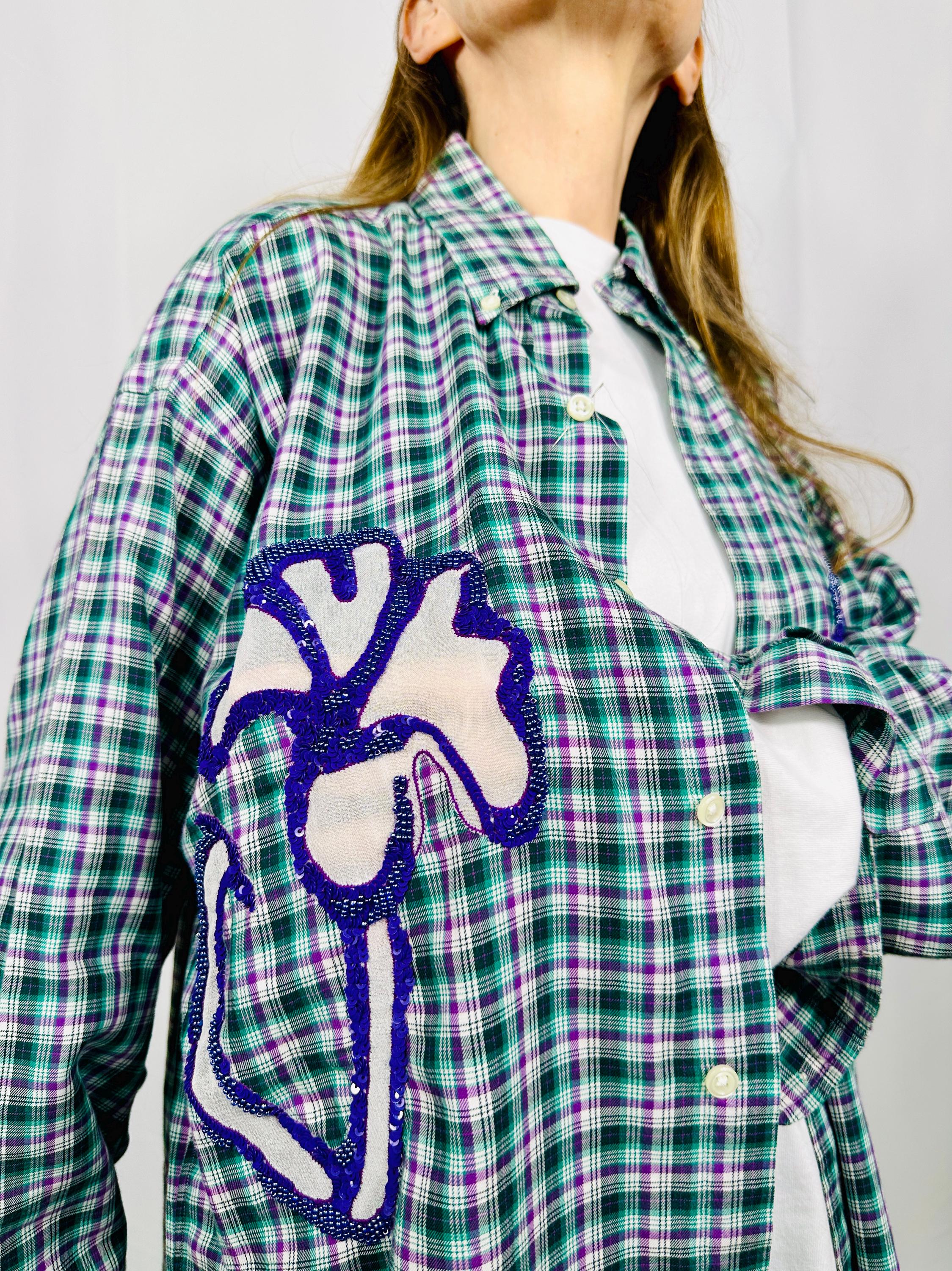 Custom vintage check shirt with silk georgette intarsia and sequins and beads embellishment