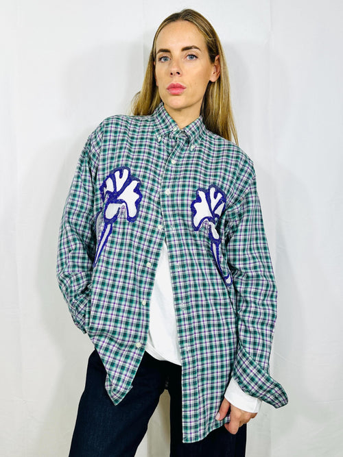 Custom vintage check shirt with silk georgette intarsia and sequins and beads embellishment