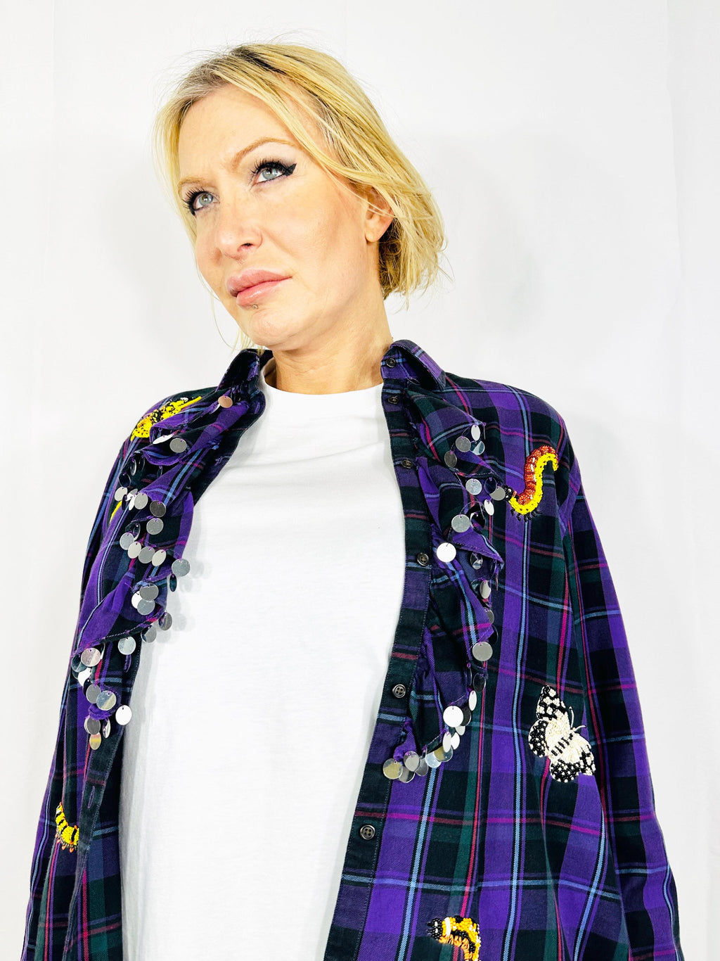 Custom vintage ruched shirt with butterflies, lizard and worms embroidery