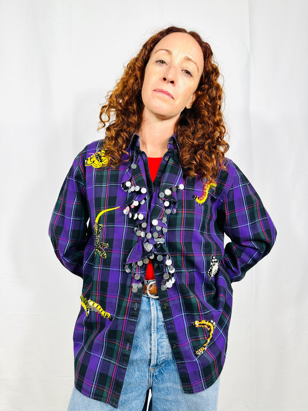 Custom vintage ruched shirt with butterflies, lizard and worms embroidery
