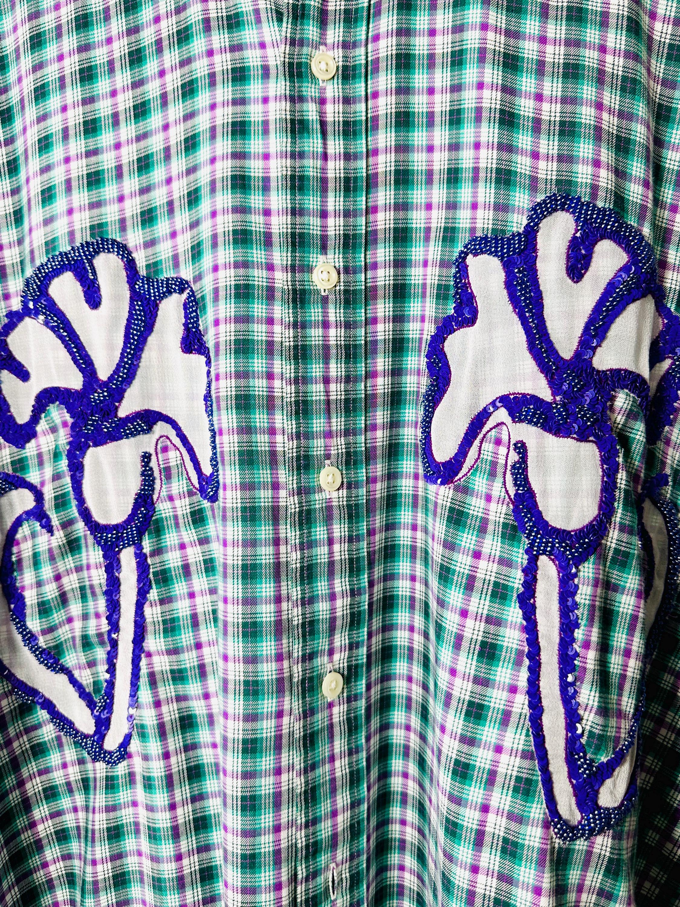 Custom vintage check shirt with silk georgette intarsia and sequins and beads embellishment